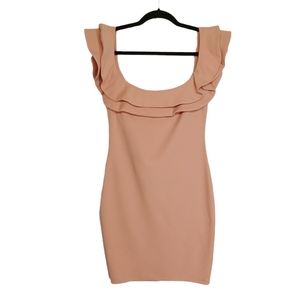 MIND CODE Light Blush Pink Tan Ruffle Bodycon Midi Dress Medium NWT